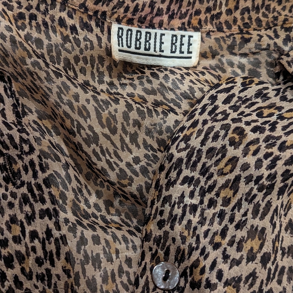 Sheer Silk Micro Cheetah Print Button Down Blouse Size M